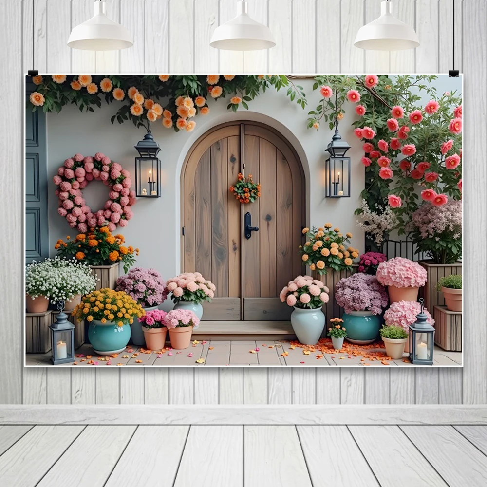 소박한 꽃 집 웨딩 사진 배경 아치 문짝 나무 보드 바닥, 아기 초상화 배경 사진 스튜디오 소품