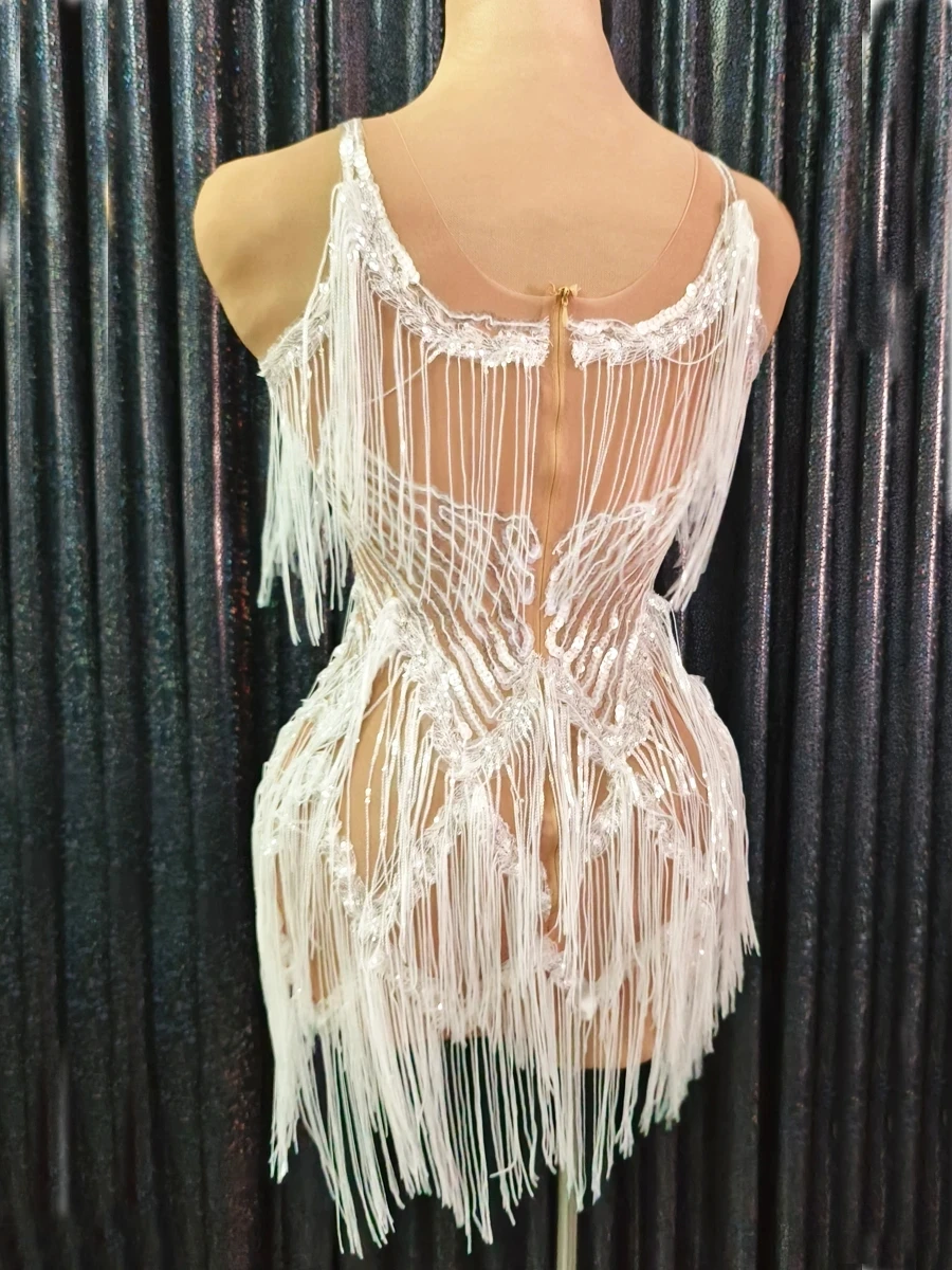 Sexy Sequins Dress Mesh See Through Tassel Stage Show Dance Costume Birthday Dress Performance  Wear