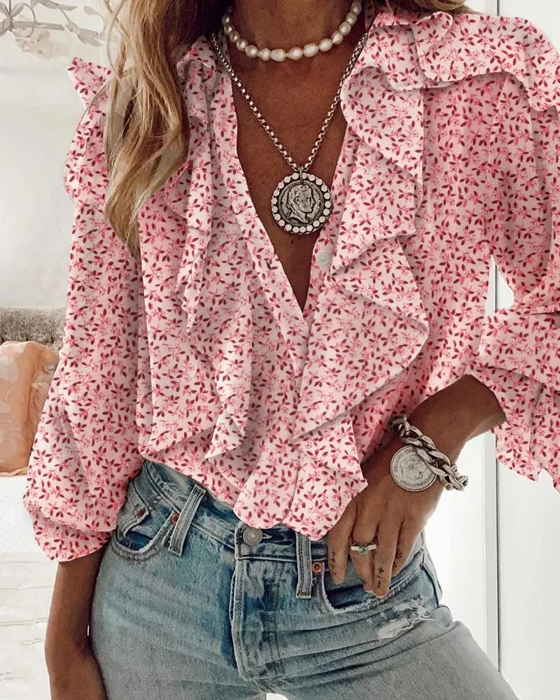 

Chiffon Solid Prints Shirts Women Loose Ruffled V Neck Long Sleeve Blouses Tops Female Spring Autumn New Lady Streetwear Top