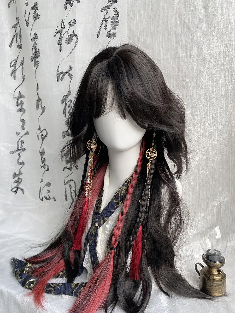 Pruik vrouwelijke volledige hoofdbedekking zwarte en rode highlights wolrol kwallen hoofd antiek porselein vader halloween cos