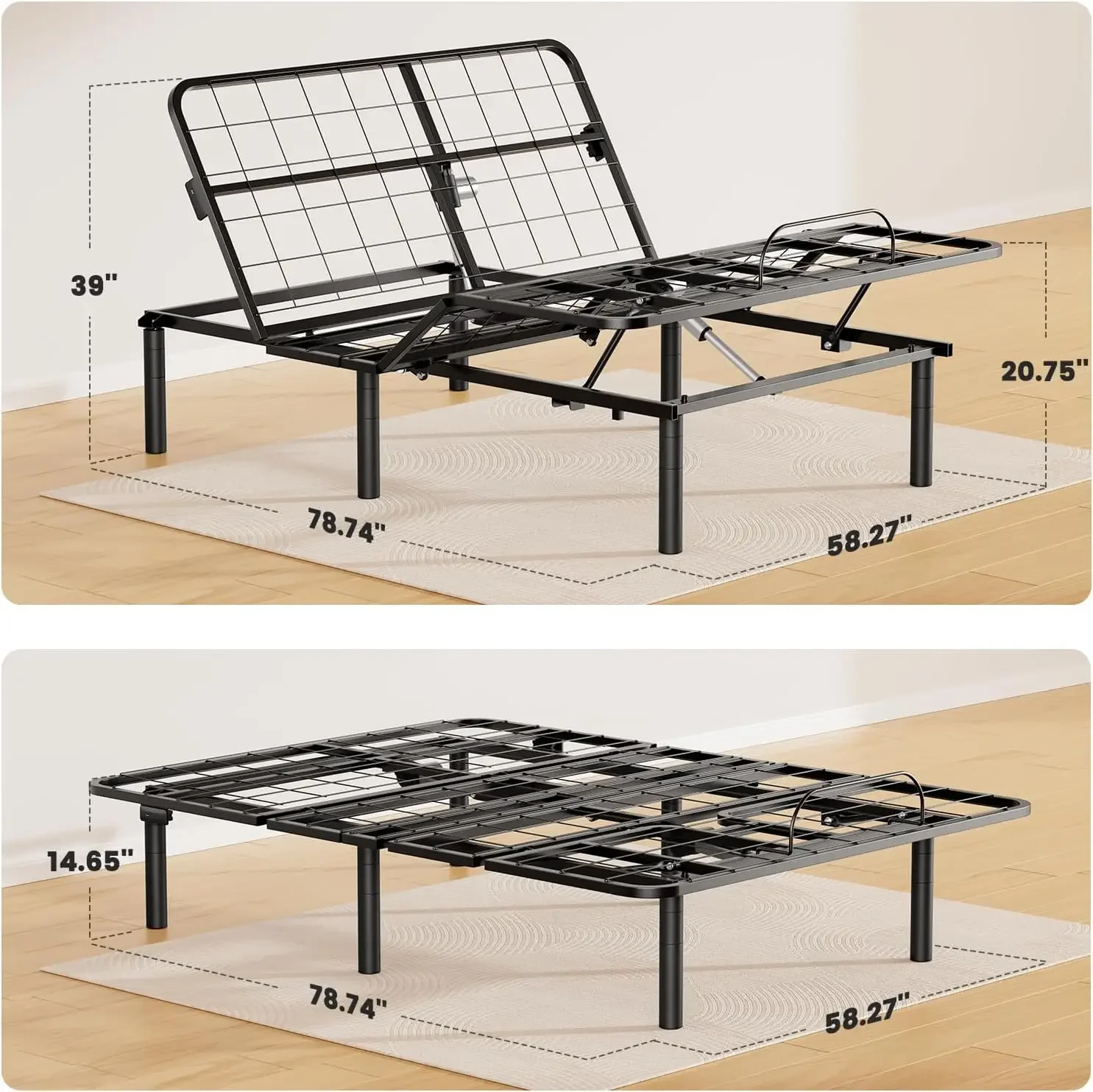 Queen Adjustable Bed Base Frame with 4 Height Options, Independent Head and Foot Incline, 4 USB Ports and 5 Min Assembly