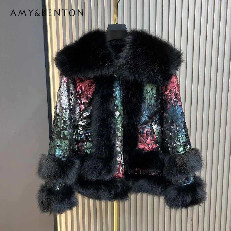 الصناعة الثقيلة الترتر المرقعة سميكة مريحة معطف فروي للنساء 2025 شتاء جديد لينة فو الثعلب الفراء سترة قطن