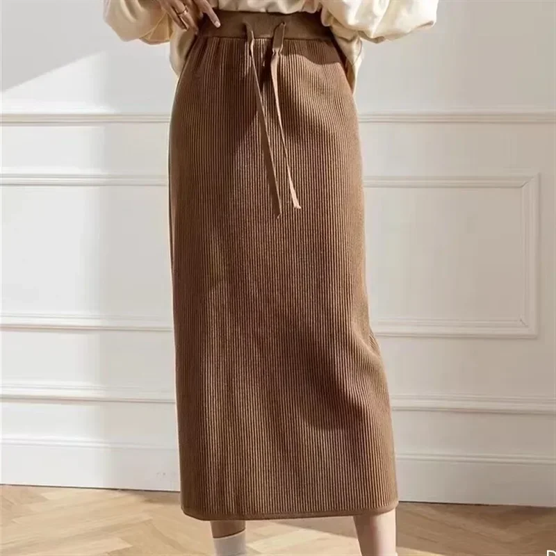Autumn Winter Midi Skirt Drawstring Knitted Skirts Women High Waist Brown Long Skirt Solid Straight Streetwear Black Skirts