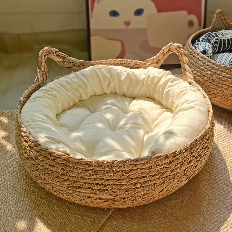 YOKEE-Rattan Woven Cat Bed, 4 Season, Scratching Board, Washable Rabbit Litter, Cat Supplies, Removable Cushion, Sleeping House