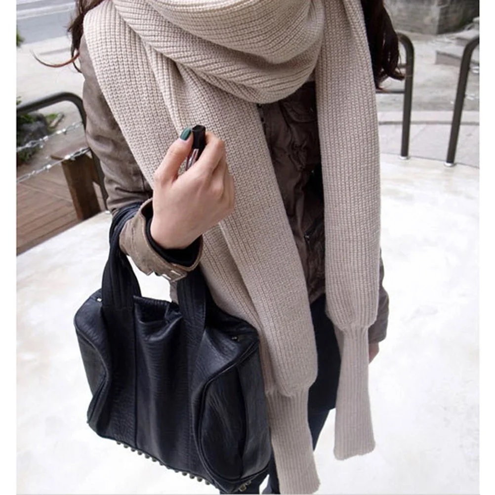 

Бежевая вязаная шаль с рукавами унисекс, зимний теплый шарф, накидка с длинным рукавом, мягкая вязаная накидка для женщин и мужчин, модная шаль