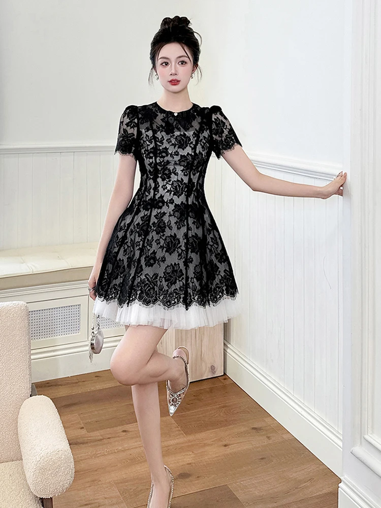 فستان نسائي صيفي جديد بأكمام قصيرة من الدانتيل باللون الأسود الوردي أنيق بفيونكة شفافة من التول لحفلات الكوكتيل بقصة ضيقة فستان رسمي للسيدات
