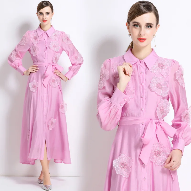 Ele Long Sve bestickter Patchwork-Stehkragen A-Linie Dr Street Sle Midi Dr. Polyester gestricktes Thiened Autum...