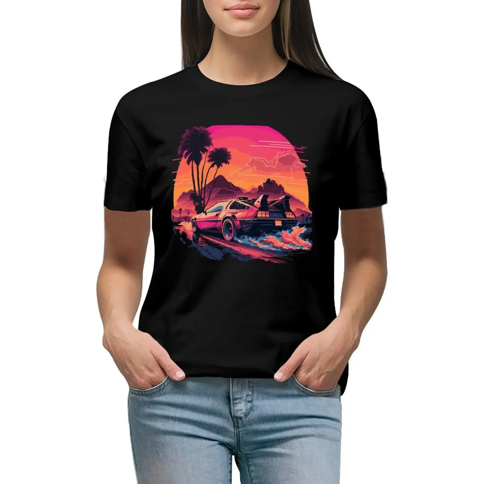 

Synthwave DeLorean T-Shirt summer clothes aesthetic clothes tops animal print shirt for girls t shirts for Womens