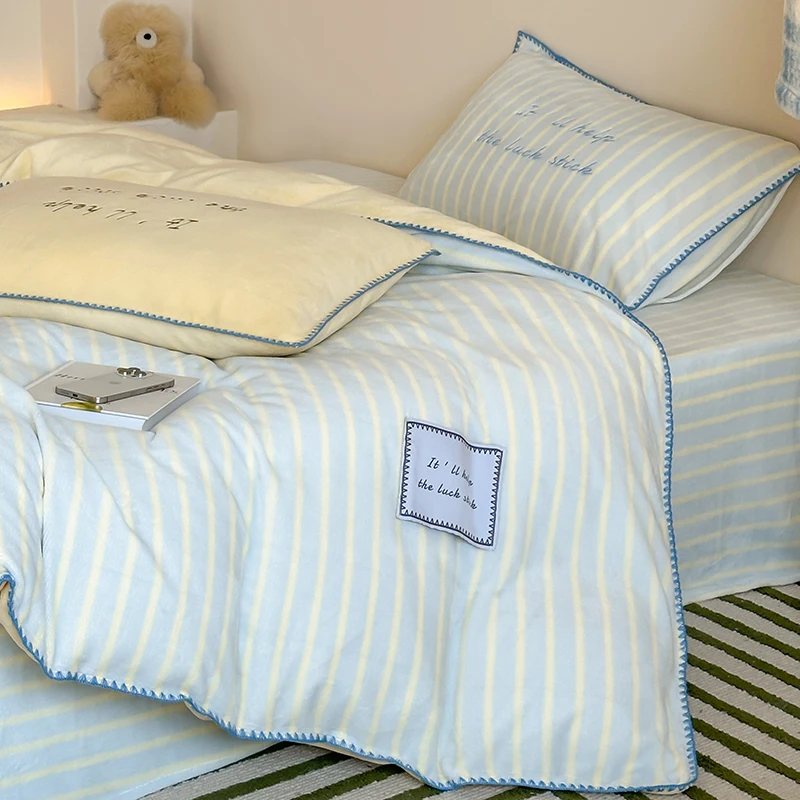 

Light Blue Striped Duvet Cover Set with Sheet and Pillowcases Autumn Winter Warm Milk Velvet Bedding Set for Single Double Bed