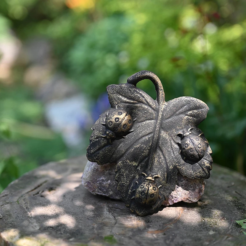 Vintage Gold Cast Iron Maple Leaf Ornament With Three Embossed Beetles On Countryside For Home Garden Tabletop Wall Decoration