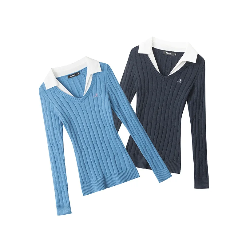 Women's Sweater Twist Slim Fit V-neck Long-sleeved Sweater Women 2026 New Spring Fake Two-piece Bottoming Sweater Tops Clothing