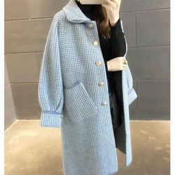 Autumn and Winter Golden Sable Knitted Cardigan Women's Sweater Medium Long Thick Loose Coat Coat Coat Woolen Plaid Large