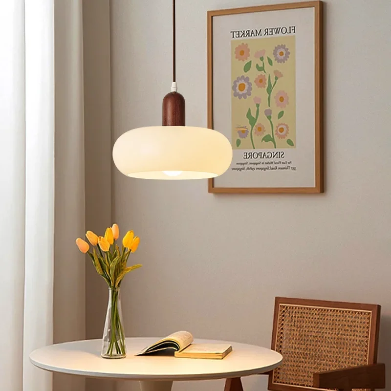 Modern Wood Glass LED Pendant Light For Dining Room Resturant Hanging Lamp Chandelier Decor Bedroom Bedside Pendant Lamps