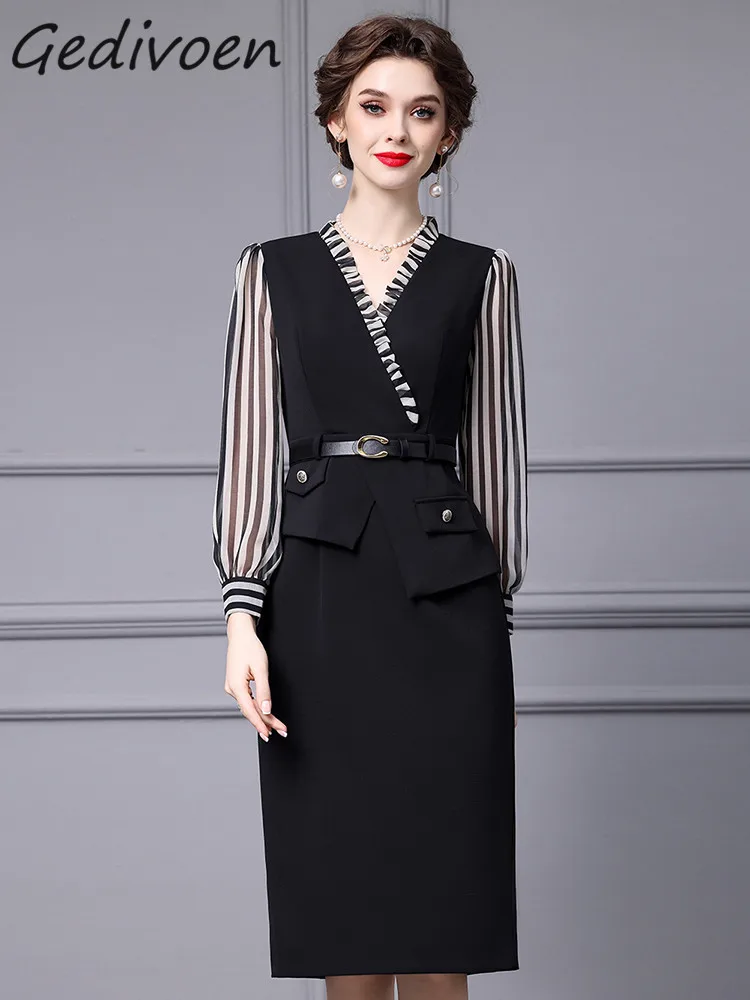 

Gedivoen Autumn Fashion Runway Vintage Spliced Dress Women V Neck Ruffles Sashes Gathered Waist Slim Package Buttocks Long Dress