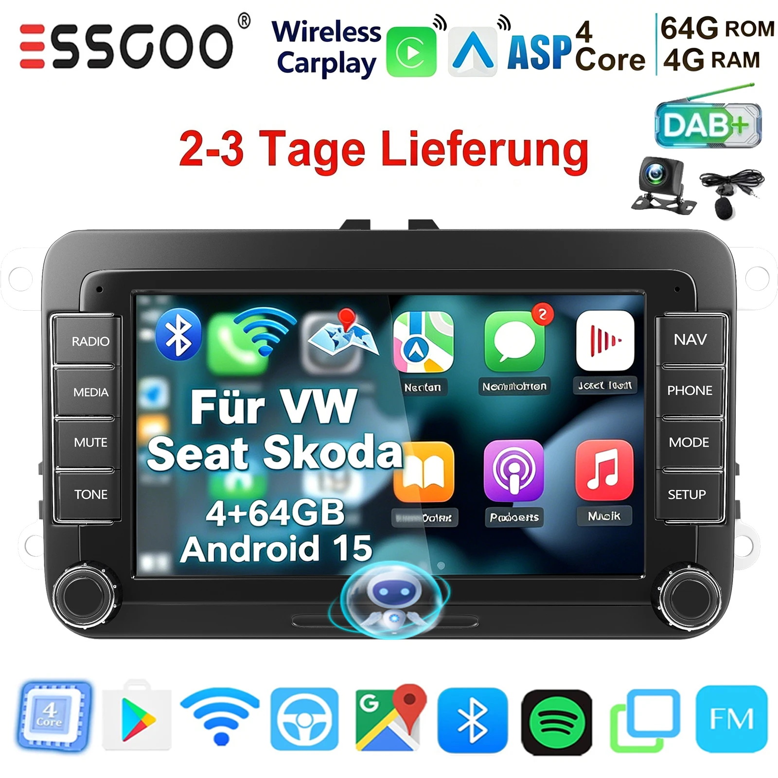 ESSGOO Android 15 4GB+64GB 7 Zoll Carplay Wireless Autoradio GPS NAVI RDS FM BT WiFi Multimedia-Player für Volkswagen VW Golf 5 6 Passat Polo 6R Touran Tiguan Caddy EOS Jetta Seat Skoda 2 DIN