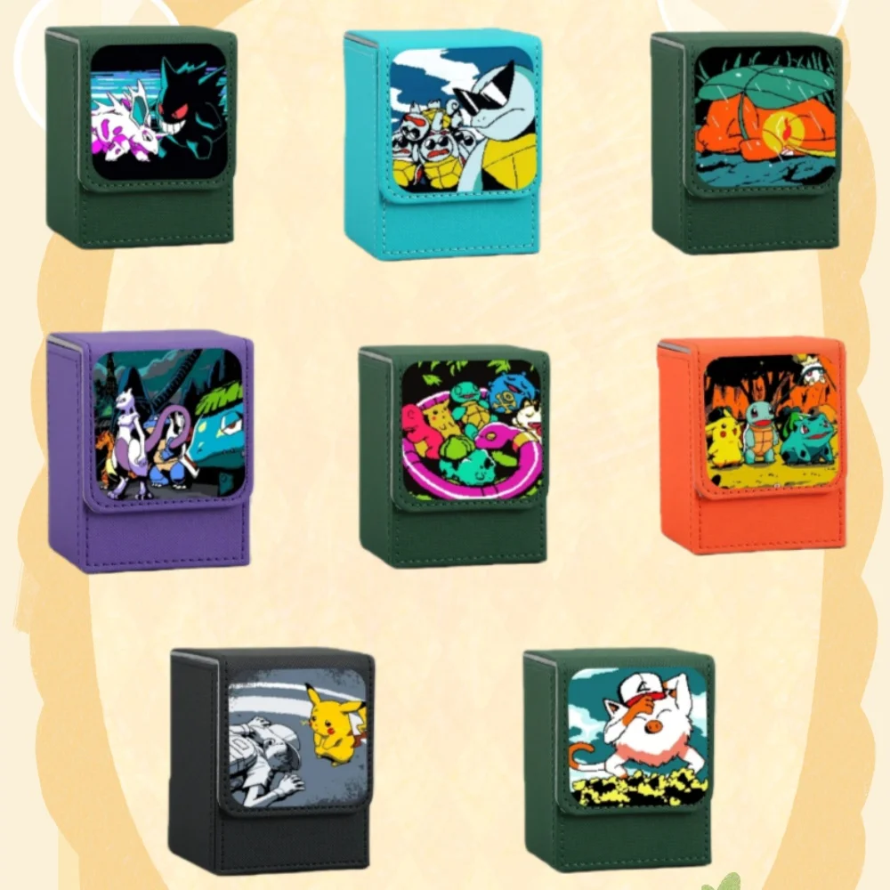

For Pokemon Gift Pixel Style Charizard Mewtwo Squirtle Self Made Leather Card Storage Box Anime Classics Game Collection Cards