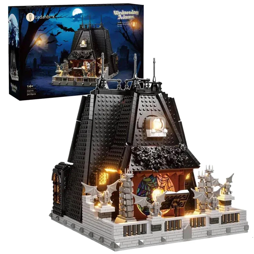 2419PCS Street View SeriesวันพุธAddams House Building Blocks City Darkness Villaรุ่นอิฐของเล่นสําหรับของขวัญเด็กMOC