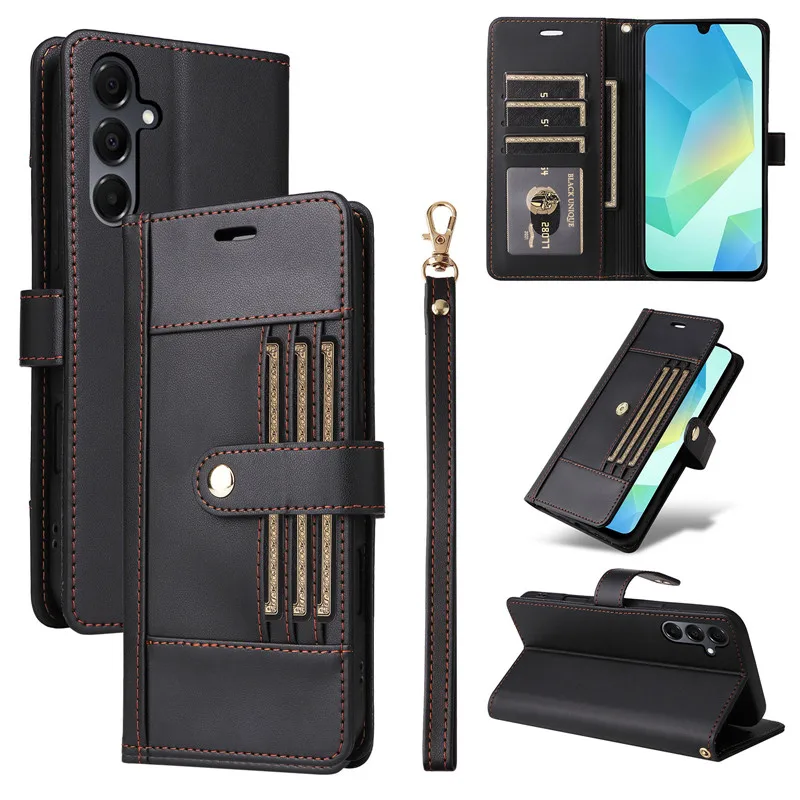 Clamshell Leather Wallet Case For Samsung Galaxy A17 A07 A06 A16 4G A26 A36 A56 5G Flip Cover Phone Cases Outside 6 Card slot