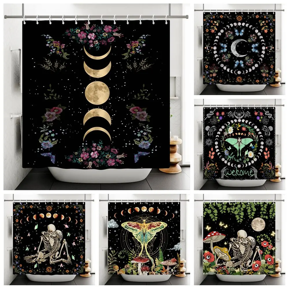 

Black Mysticism Skull Shower Curtain Bathroom Gothic Skeleton Flower Mushroom Plant Waterproof Bathroom Curtain with Hooks