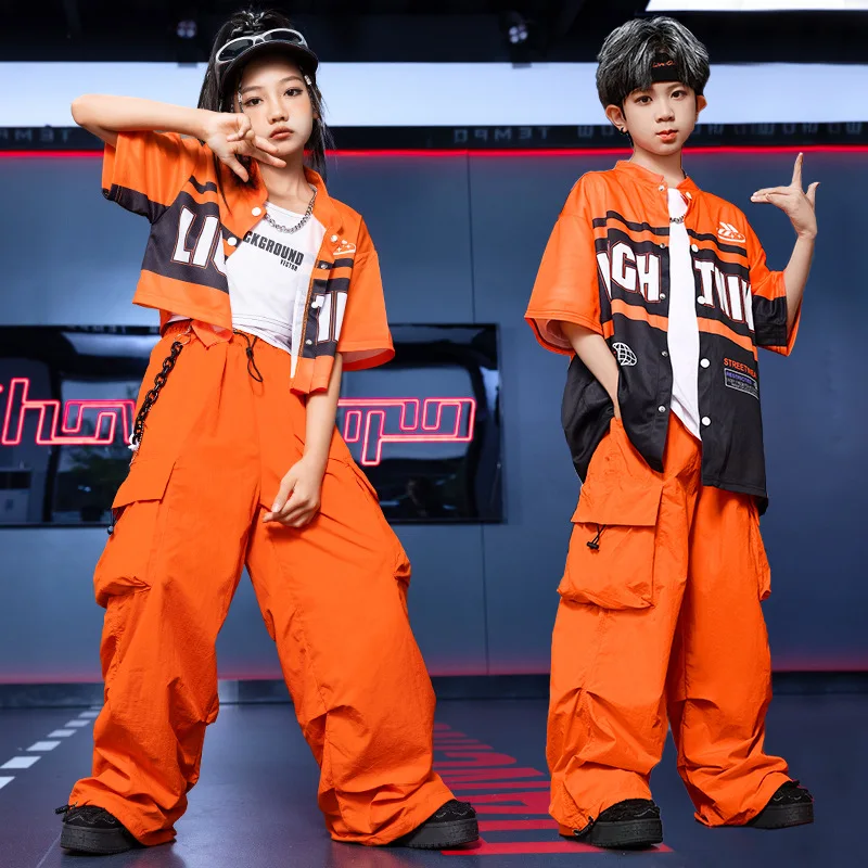 Chidren Summer Girls costume hip hop costume long sleeve jacket orange polyester pants 2 piece set for boys and girls biker cost