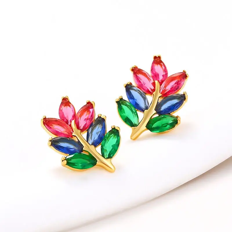 أسعار الجملة--الذهب الخالص مطلي متعدد الألوان الزركون ليف أقراط للنساء الأزياء والمجوهرات النيكل الحرة