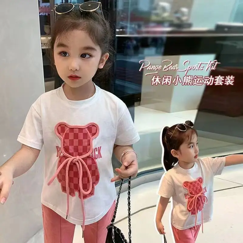 Girls Summer Sports Casual Suit Clothing 2022 New Cartoon Cotton T-Shirt Girls Bear Pattern Flared Pants Two-piece Set