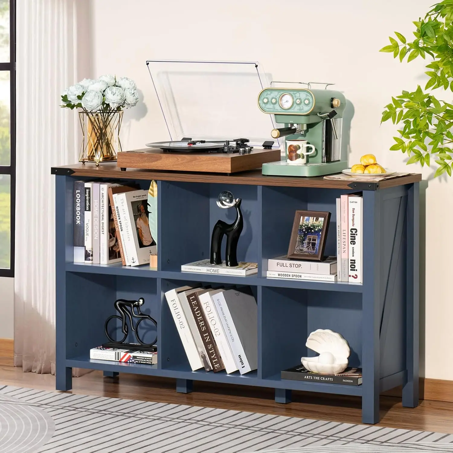 6 Cube Bookcase, Farmhouse Wood Low Storage Organizer Book Shelf, 47" Horizontal Navy Blue Console Bookshelf with Legs,, Custom