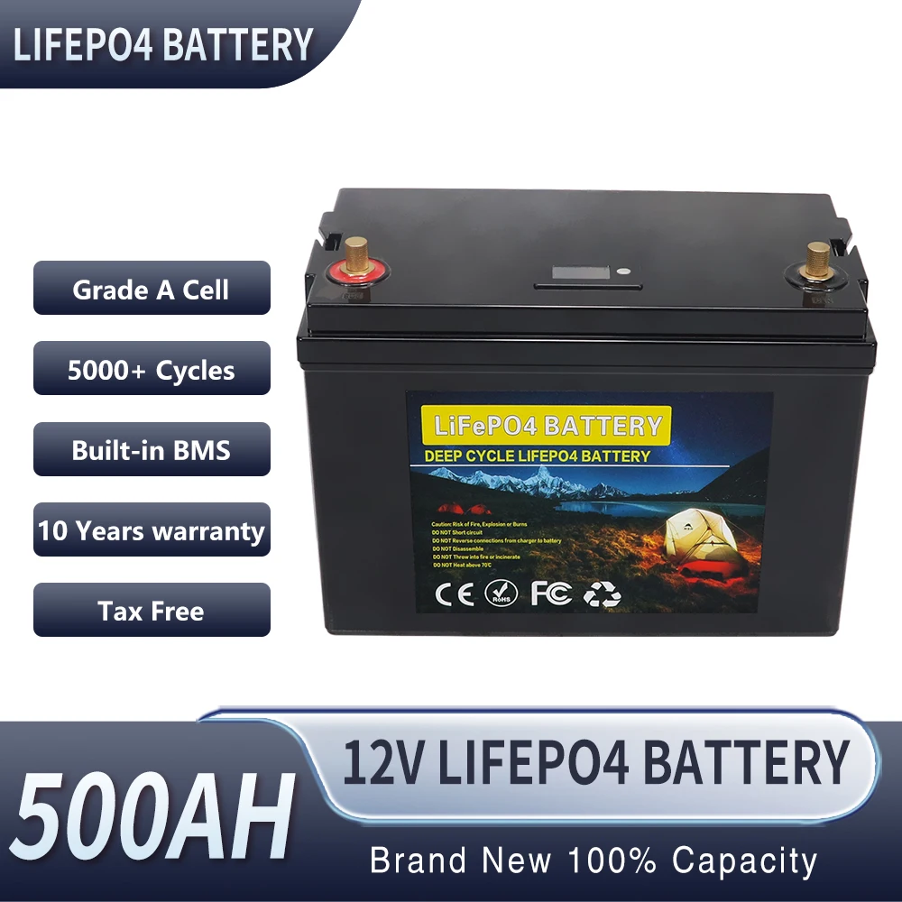 New 12V 500AH LiFePo4 Battery Built-in BMS Lithium Iron Phosphate Cells Pack 5000 Cycles For RV Campers Golf Cart Solar Storage