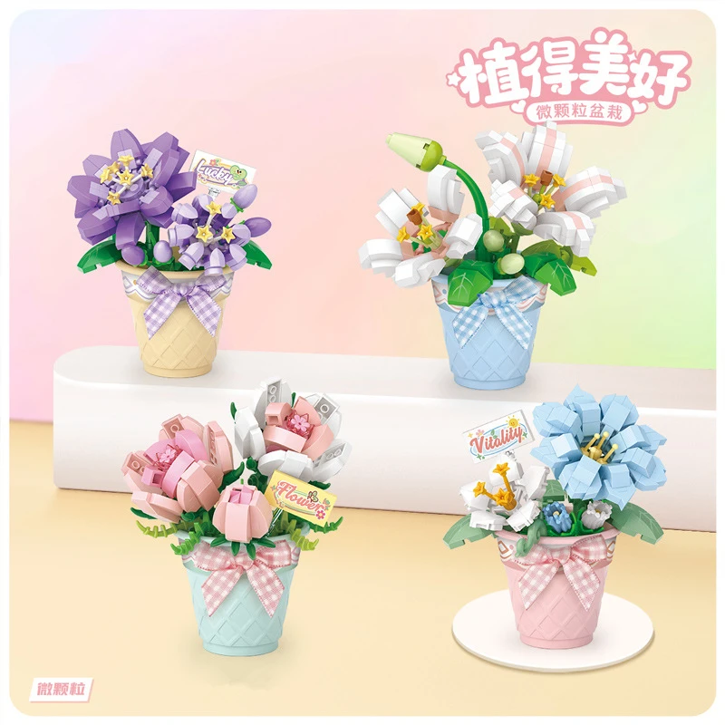 MOC CUTE Bouquet Flowers Succulent Flowerpot Plant Snow Lotus Rose Lily Model Building Blocks Sets Bricks Toy City