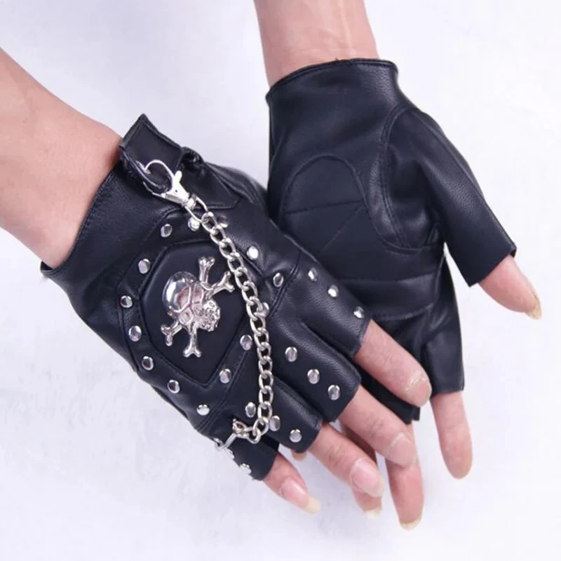 Fingerless Leather Gloves Men Women Punk Skull Studded Motorcycle Biker Gloves Unisex Dance Performance Fashion Hand Accessories