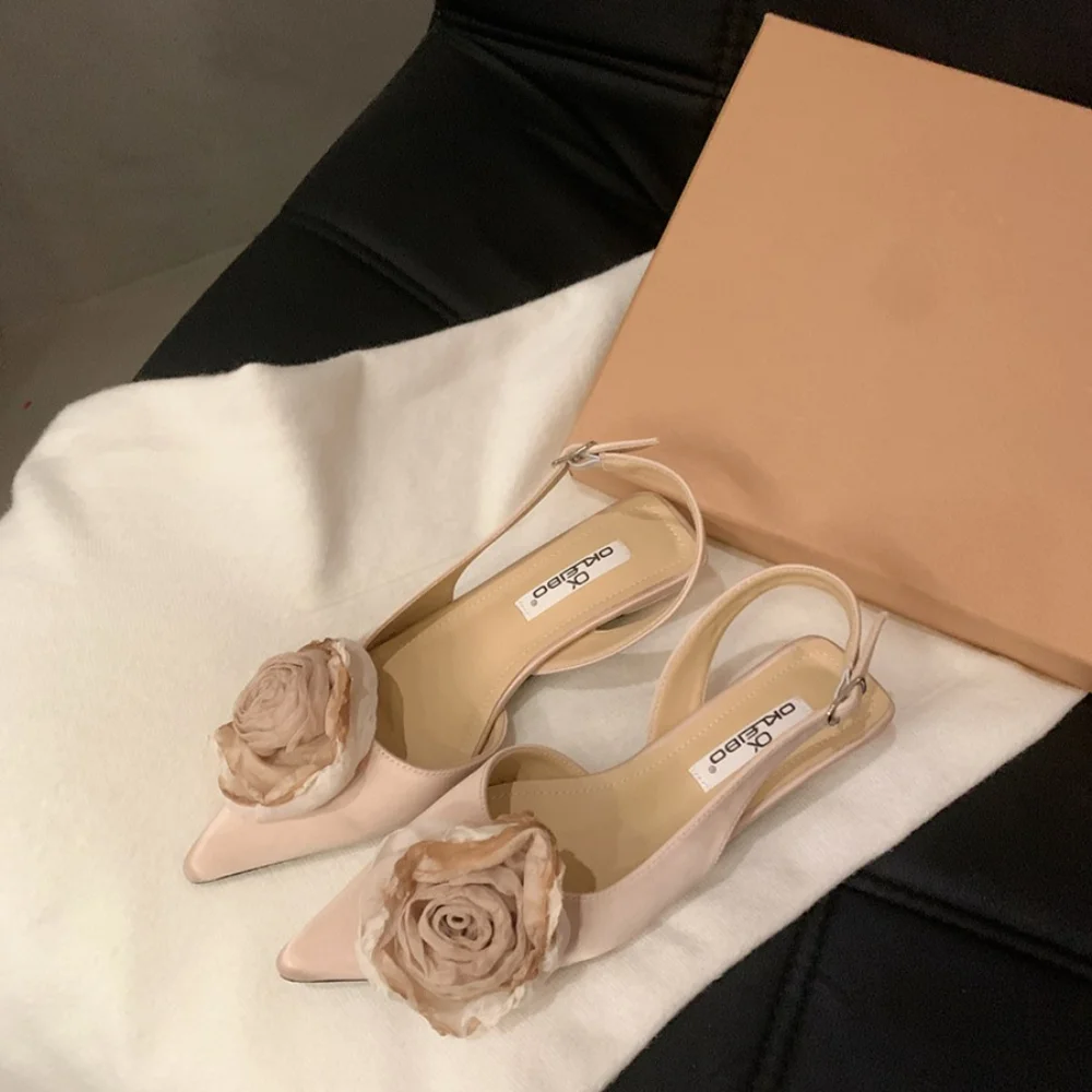 New Flower Designer Sandals Women Elegant Satin Mule Shoes Summer Pointed Toe Pumps Low Heel Flowers Slingback Sandals Female
