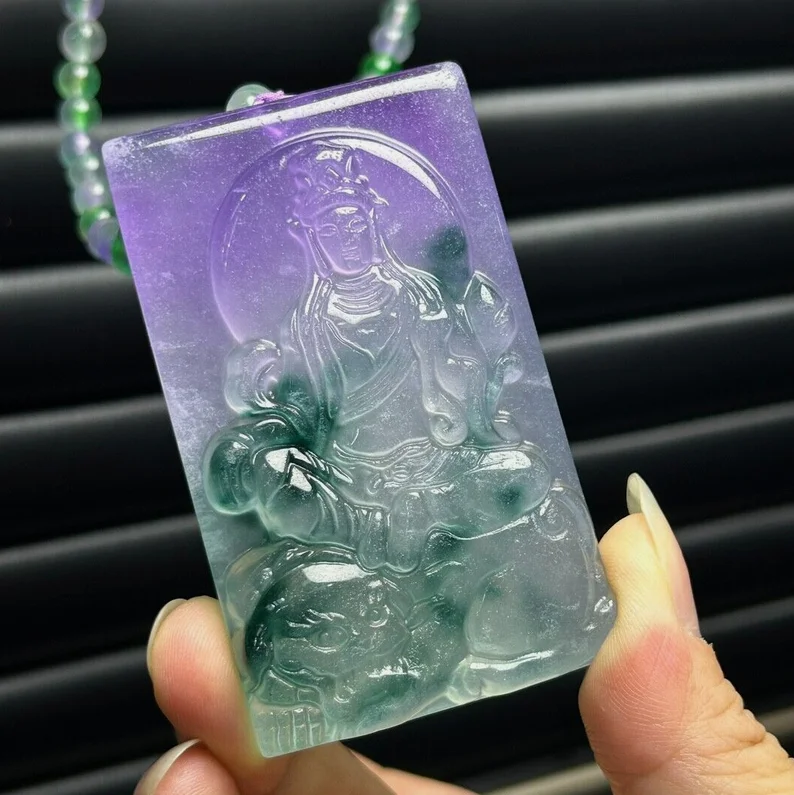 Certified Nature Ice Lavender&Green Jade Jadeite Carved Guanyin Pendant&Necklace