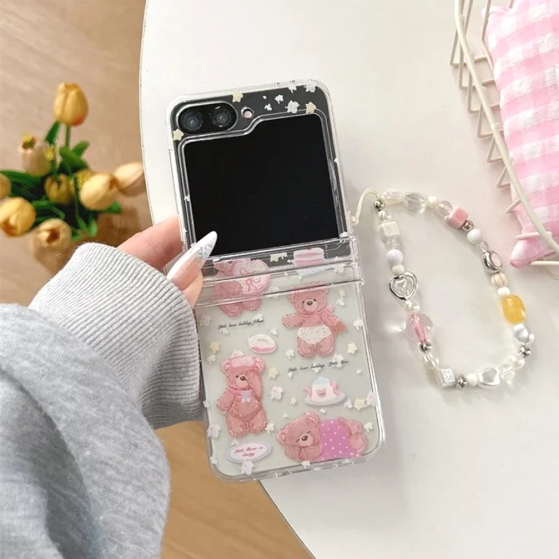 Для Samsung Galaxy Z Flip 7 FE 3 4 5 6, чехол с мультяшным бантом и медведем, браслет, шарнир, противоударный чехол для Samsung Z Flip7