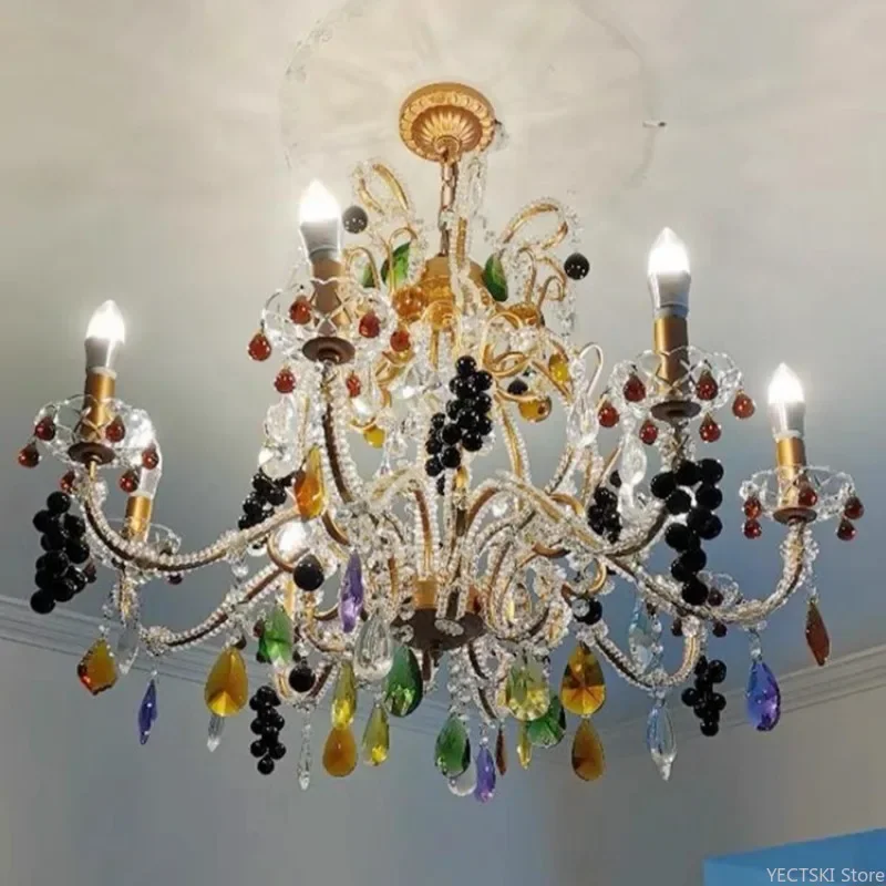 GHJUYIOL Romantic colored crystal chandelier art, European French retro living room chandelier, bedroom duplex villa chandelier