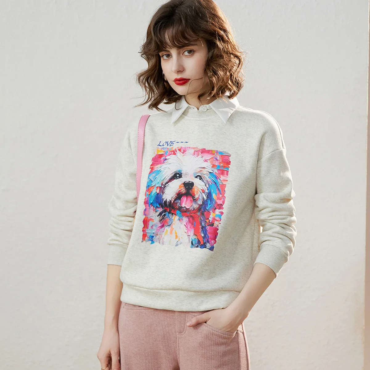 LOUIS YAO 2024 Winter Thick Fleece Round Neck Hoodie Fashionable Funny Dog Printed Long Sleeve Top for Women