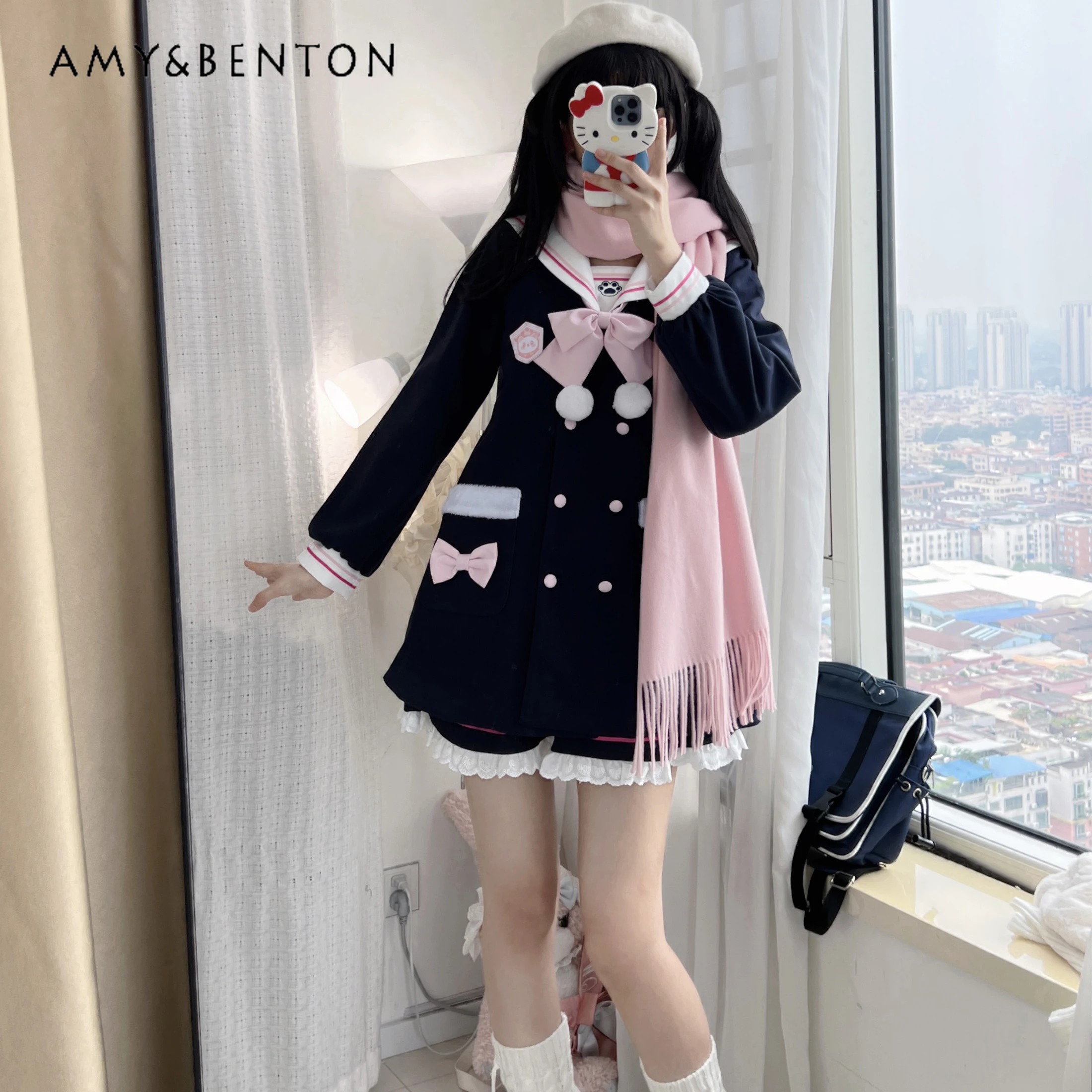 

Japanese Style Preppy Cute Student School Uniform Autumn Winter New Pink Apricot Black Red Woolen Coat Badge Bow Tie Set