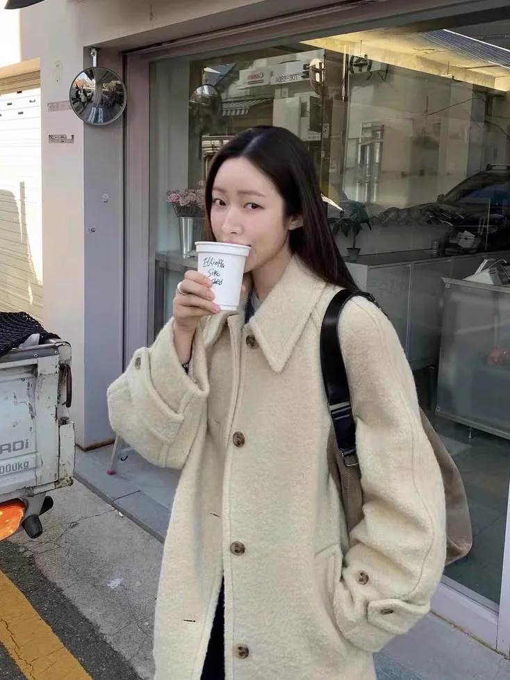 

Шикарное шерстяное пальто для женщин средней длины с отложным воротником на одной пуговице, цветное пальто для поездок на работу, корейский свободный крой, теплый