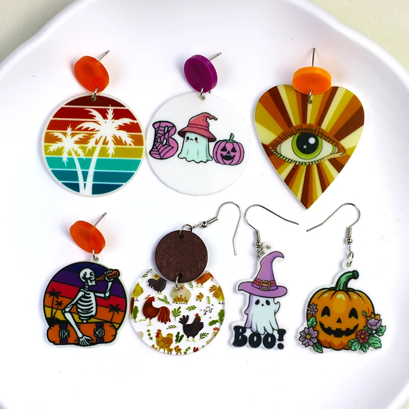 

Cute Cartoon Ghouls Halloween Earrings For Women Thanksgiving Turkey Hallowmas Evil Eyes Ghost Witch Acrylic Drop Earring Party