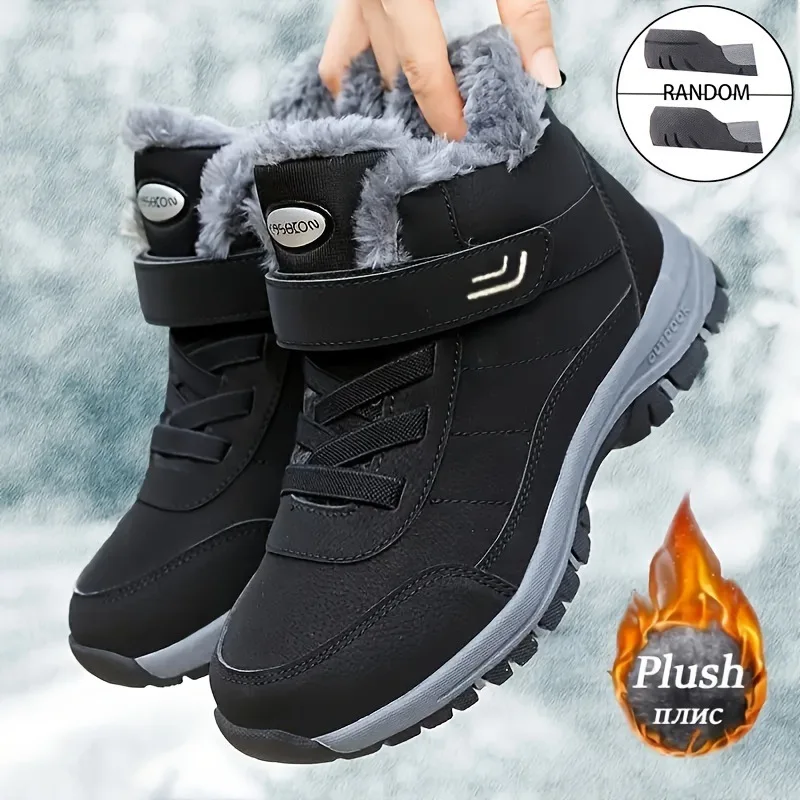 Damen-Knöchel-Winterstiefel aus PU, wasserabweisend, mit Plüschfutter, Klettverschluss, rutschfeste flache Sohle, warme Outdoor-Freizeitstiefel. – Detail 2