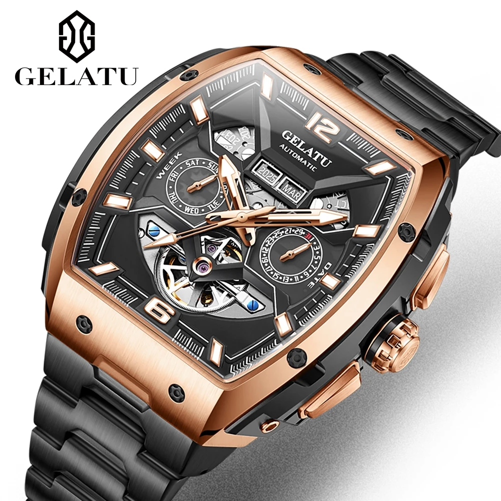 GELATU 6013 Original Mechanical Watch For Men Tonneau Big Dial Luminous Waterproof Wristwatch Week Date Display Hollow Man Watch