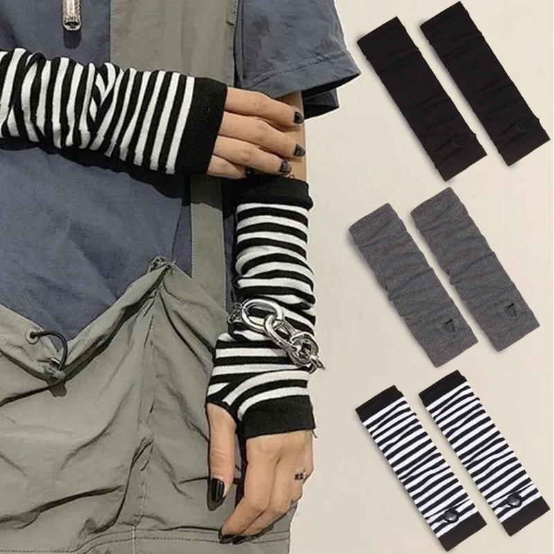 Kpop Striped Black Long Fingerless Gloves Arm Warmer for Men Women Gothic JK Soft Knitted Cuff Gloves Stretch Winter Oversleeve