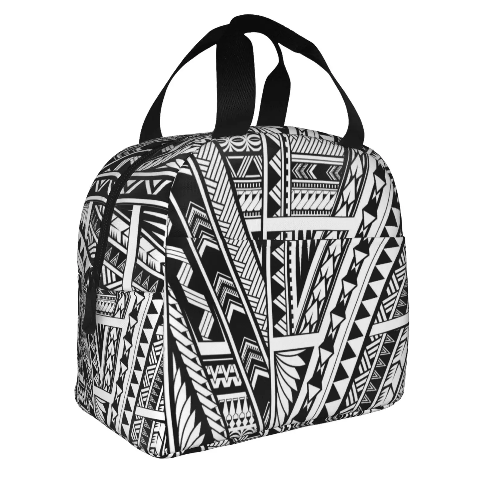 Polynesian Ethnic Style Sleeve Tattoo Lunch Tote Bag Insulated Leakproof Lunch Box Container with Front Pocket for Girls Boys