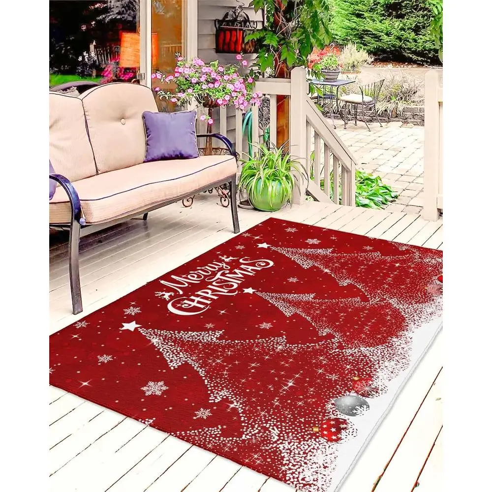5x8ft Christmas Tree and Snowflake Outdoor/Indoor Rug - Deck, Backyard, Porch Decor