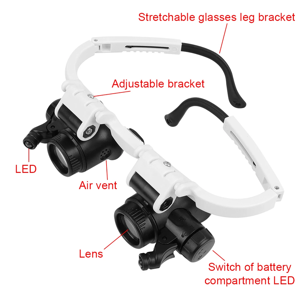 Head Mount แว่นขยาย Dual-Lens Eye Loupe แว่นขยาย 8x 15x 23x ไฟ LED แว่นตาแว่นขยายสําหรับ Electronics ซ่อมนาฬิกา