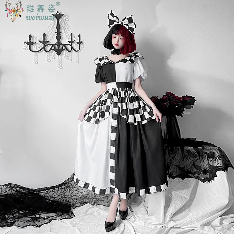 halloween-costume-black-white-plaid-poker-princess-dress-cosplay-costume-maid-naughty-funny-weird-circus-clown-stage-perfermance