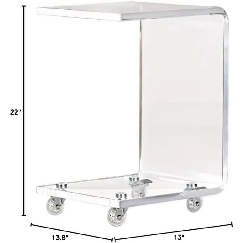 Mobile C Shaped End Table,Acrylic Sofa Side Table, Snack Table On Wheels,clear rolling table