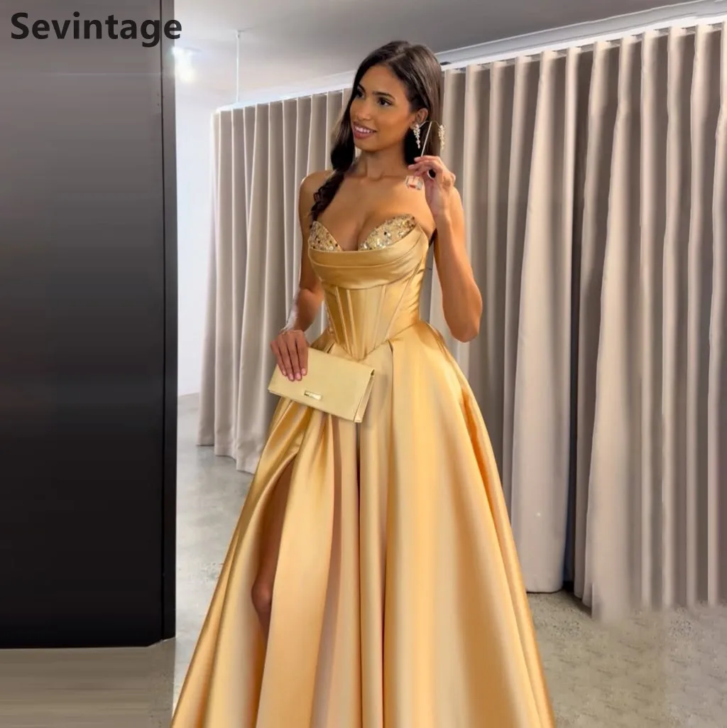 

Sevintage 2025 Gold Satin A Line Maxi Evening Dress Sweetheart Prom Gown For Wedding Formal Party Dress Customized