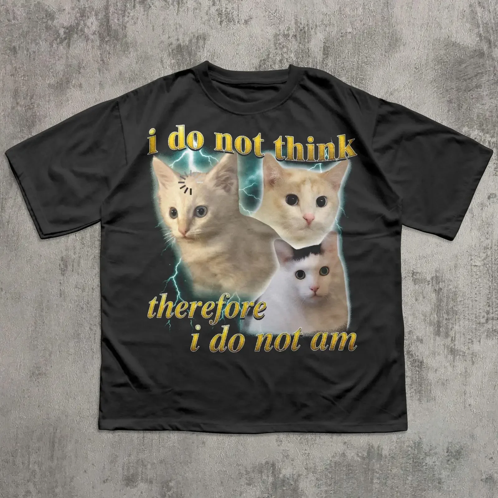Camiseta con meme de gato confuso y divertido con la frase 'No pienso, por lo que soy divertido', estilo Retro Bootleg, para amantes de la filosofía de Descartes, vintage, lavada y transpirable