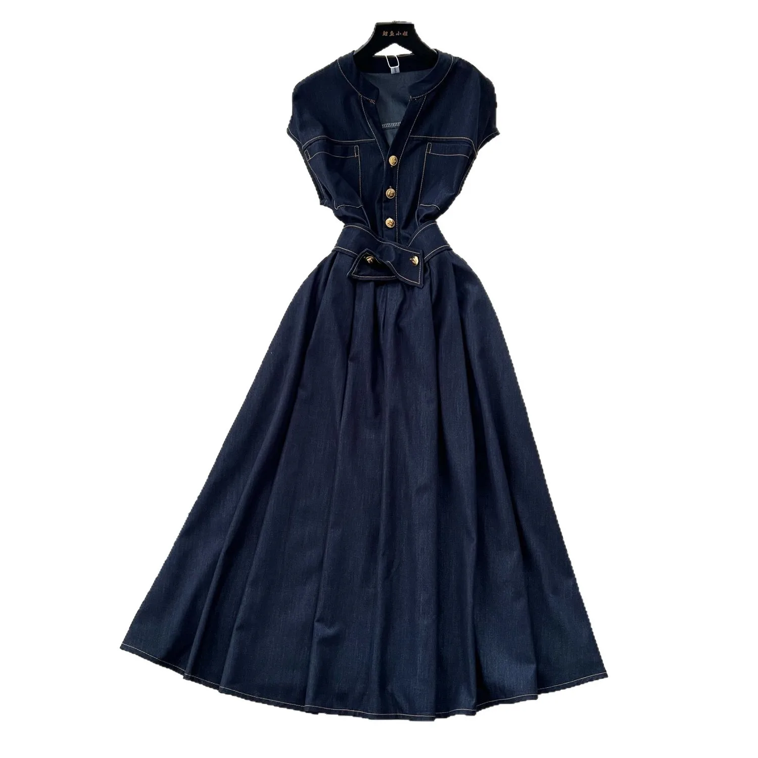 

Women Vintage Dress Singe Breasted Sleeveless Dresses Stand Collar Solid Elastic Waist Long Vestidos Spliced Casual Summer