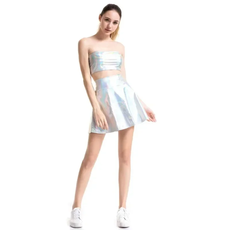 

Solid Color Performance Clothes Fashionable PU Women's Pleated Skirt for Nightclub Stage Shimmering